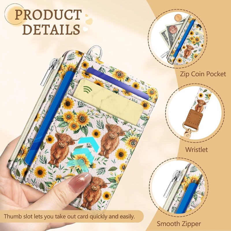 Kelvoris Highland Cow Slim Wallet Women Credit Card Holder, Sunflower Small RFID Blocking Wallet Woman Wristlet Keychain with Zipper Coin Pocket, Front Pocket Thin Travel Wrist Card Case Ladies Gifts - Image 5